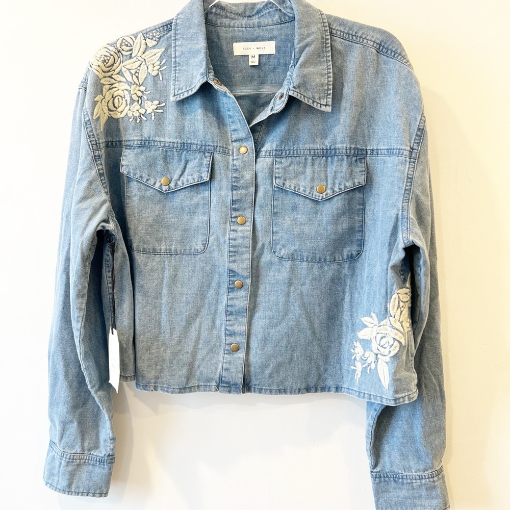 Cleo & Wolf Crop Denim‎ Button Down Embroidered Shirt